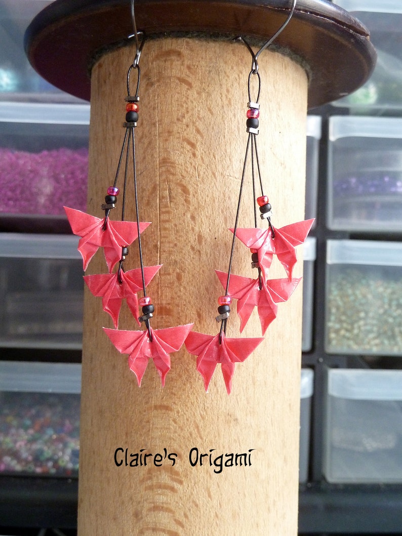 3 Pink Butterflies Origami earrings in folded Japanese paper available with clips handmade gift for her