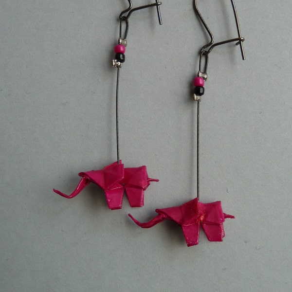 Deep Pink  Elephant Origami Earrings