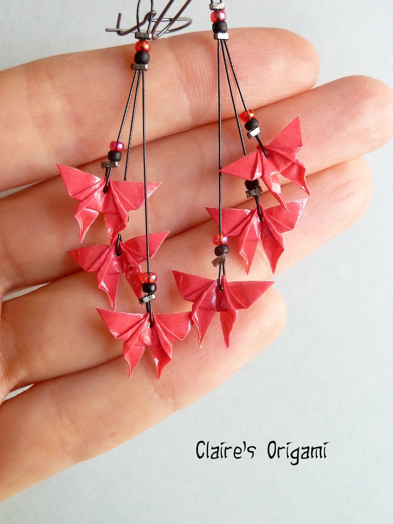 3 Pink Butterflies Origami earrings in folded Japanese paper available with clips handmade gift for her