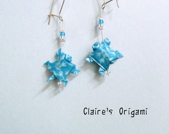 Blue and white Turtle Origami Earrings / in folded recycled paper varnished / available with clips / handmade Gift for her