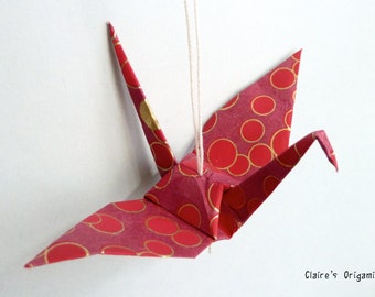 Red, burgundy and golden Wild Crane Origami pendant, in folded Japanese paper