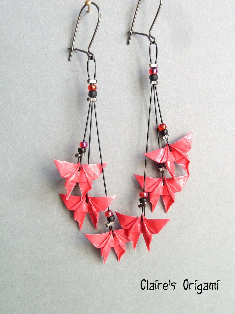 3 Pink Butterflies Origami earrings in folded Japanese paper available with clips handmade gift for her