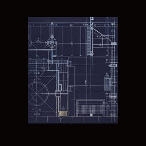 May include: A detailed architectural blueprint with white lines on a dark blue background. The blueprint features various geometric shapes, lines, and symbols, likely representing a building's design and layout. The image is a top-down view of the blueprint.