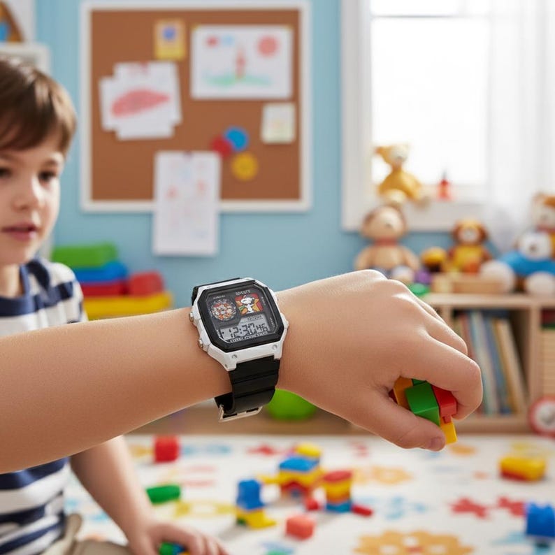 May include: A black and white digital watch with a black band is on a child's wrist. The watch face displays a cartoon image and the time. The child is holding colorful toy blocks. The background includes a bulletin board and toys.