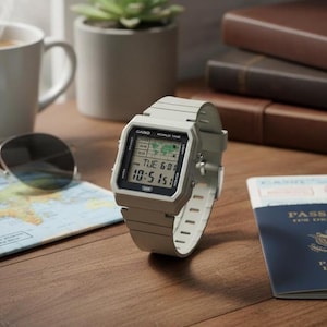 Puede incluir: Un reloj digital con una correa y esfera grises, que muestra la hora y un mapa del mundo. El reloj está sobre una superficie de madera con un pasaporte, gafas de sol y una taza. La esfera del reloj dice "CASIO WORLD TIME".