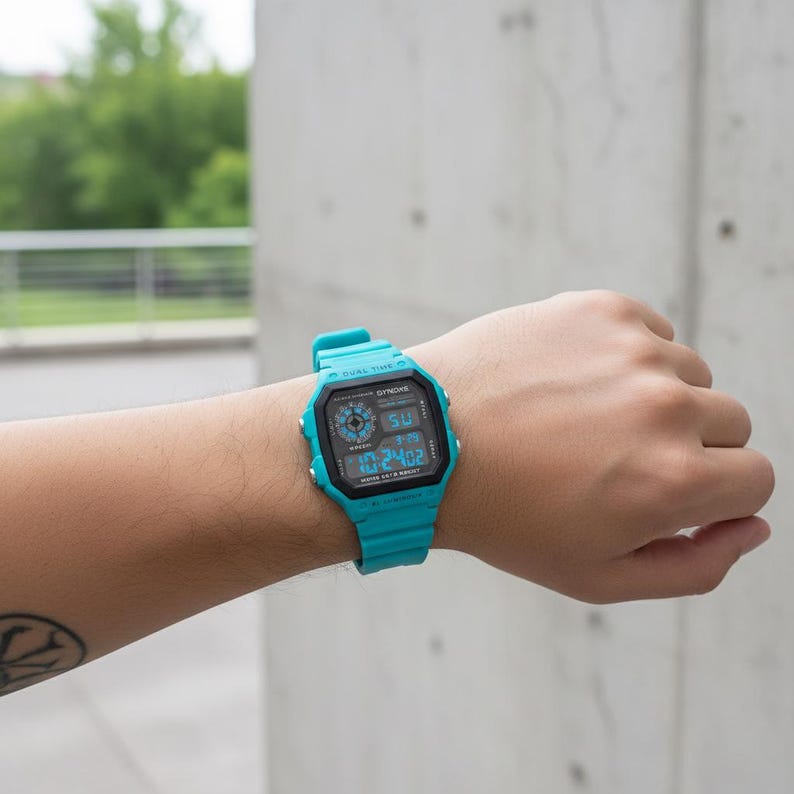 May include: A turquoise digital watch with a black face is displayed on a wrist. The watch has a square shape with a matching turquoise band. The watch face displays the time and date.