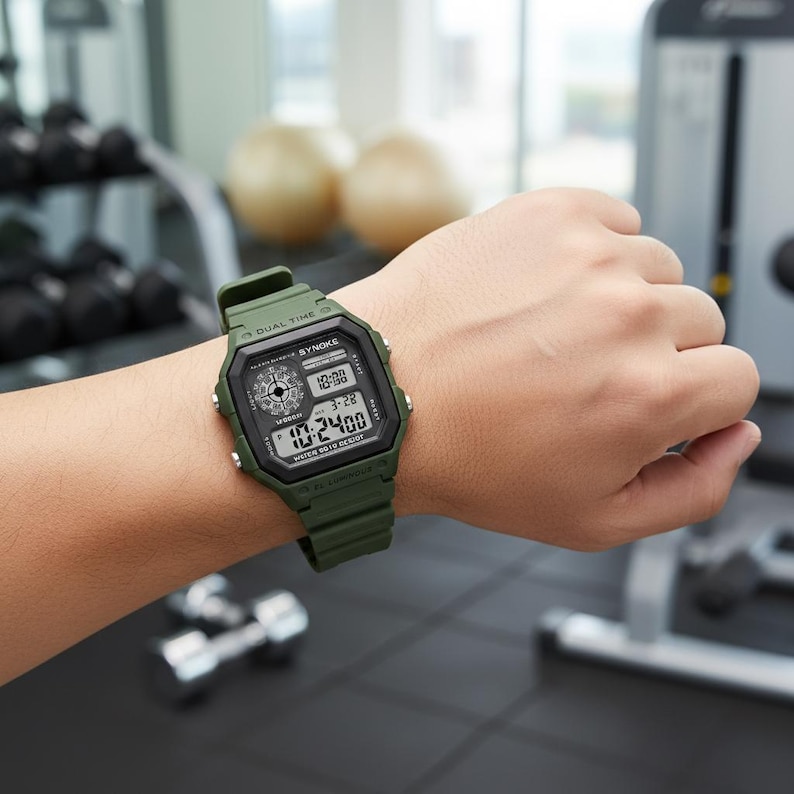 May include: An olive green digital watch with a square face is worn on a wrist. The watch displays the time and date. The watch band is made of a matching olive green material. The watch face has the text "SYNOKE" and "WATER RESIST 50M DESIGN".