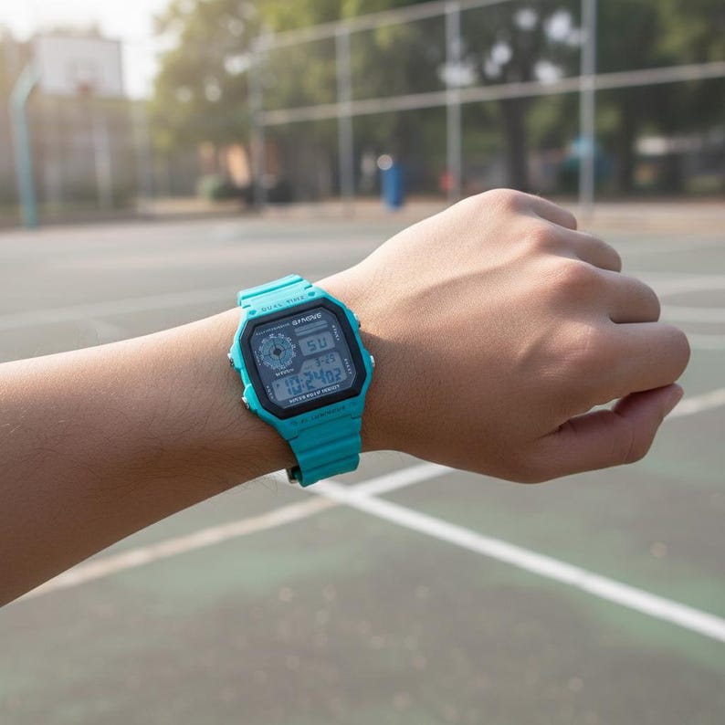 May include: A turquoise digital watch with a black face is displayed on a wrist. The watch has a square face and a matching turquoise band. The watch face displays the time and date. The background is a blurred outdoor scene.