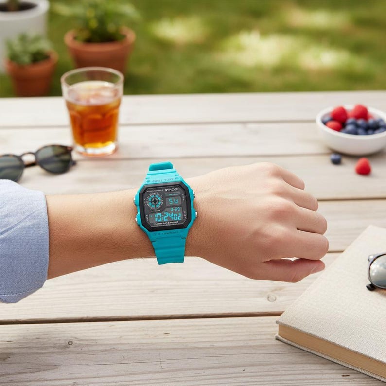 Teal Digital Watch | Square Face Sporty Wristwatch | Water Resistant LED Timepiece image 7