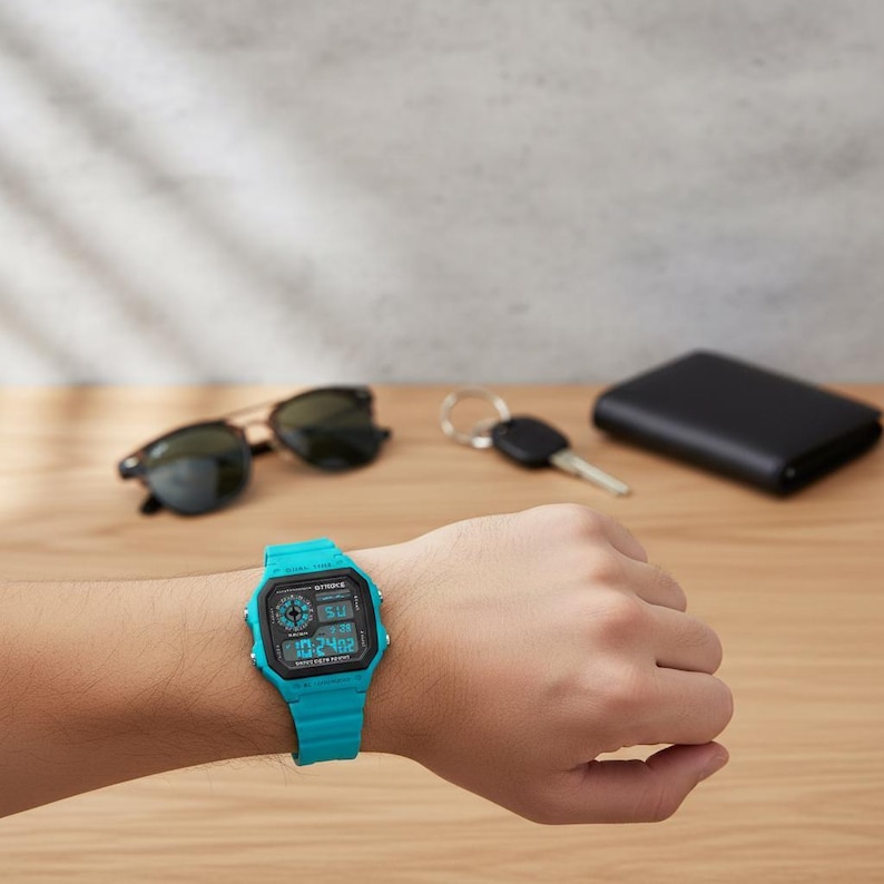 May include: A turquoise digital wristwatch with a black display is shown on a wrist. The watch has a square face and a matching band. Sunglasses, keys, and a wallet are in the background on a wooden surface.