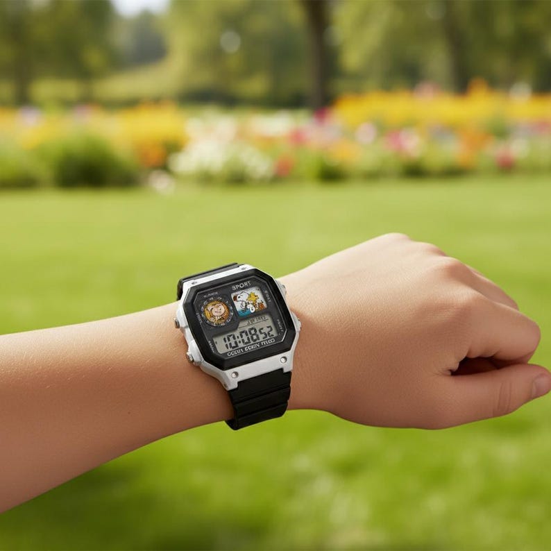May include: A black and white digital watch with a black band. The watch face displays the time, 10:08:52, and features cartoon characters. The word "SPORT" is printed on the top of the watch face.