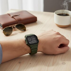 May include: An olive green digital watch with a black face is worn on a wrist. The watch displays the time and other information. Sunglasses and a brown leather notebook are on a wooden surface.