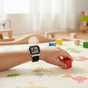 May include: A digital watch with a black strap and a silver-colored case is worn on a wrist. The watch face displays the time and a small graphic. A child's hand holds a red wooden block. The background includes a play mat and wooden toys.