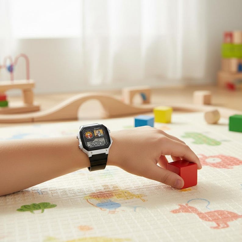 May include: A digital watch with a black strap and a silver-colored case is worn on a wrist. The watch face displays the time and a small graphic. A child's hand holds a red wooden block. The background includes a play mat and wooden toys.