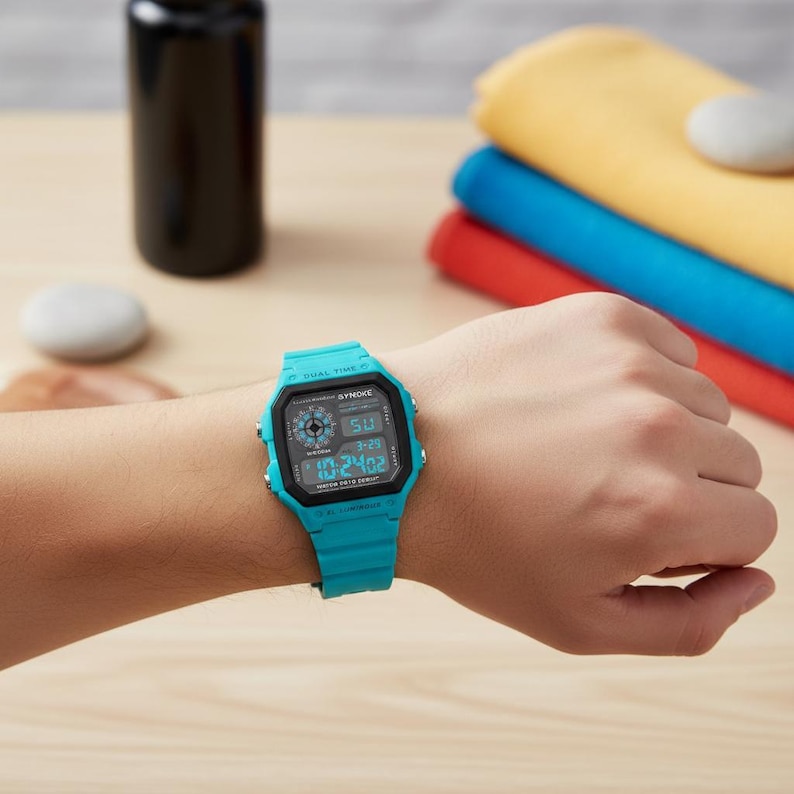 Teal Digital Watch | Square Face Sporty Wristwatch | Water Resistant LED Timepiece image 2