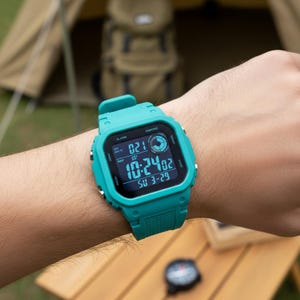 Teal Digital Watch | Square Face Sporty Wristwatch | Water Resistant LED Timepiece image 1