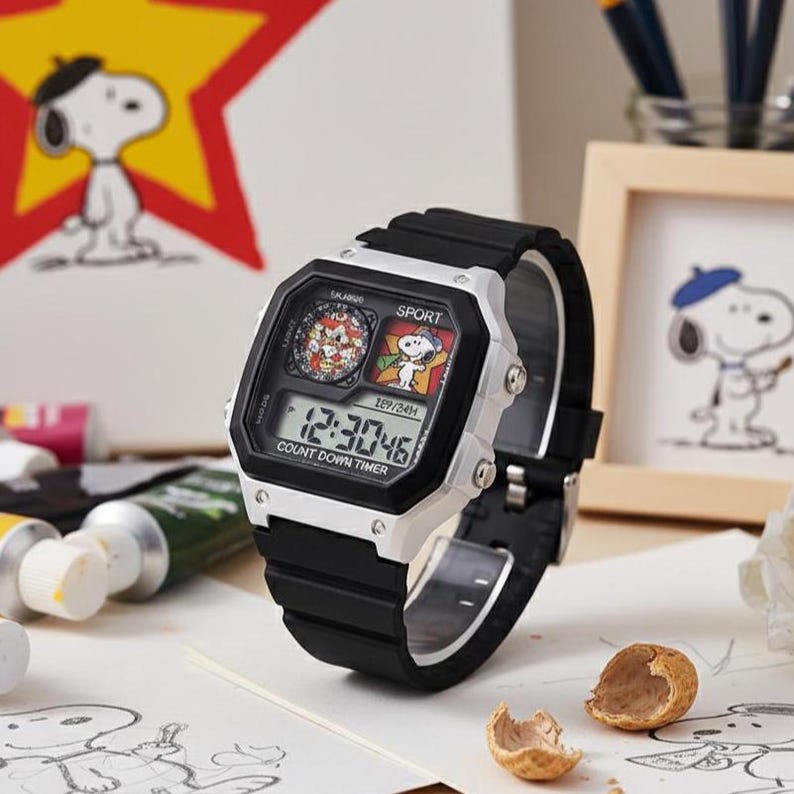May include: A black and white digital watch with a black rubber strap. The watch face features Snoopy graphics and displays the time. The watch has a silver-colored frame and is set against a background with Snoopy artwork.