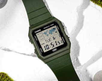 World Time Map Watch | Green Resin Digital | Casio Retro Wristwatch