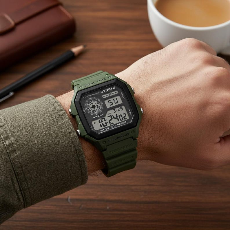 May include: Green digital watch with a black face displaying the time, date, and other functions. The watch has a green band and the text "SYNGKE" is visible on the face. The watch is on a wrist.