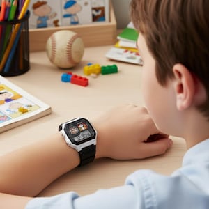 May include: A black and white digital watch with a Snoopy graphic on the face. The watch has a black band and is worn on a person's wrist. The watch displays the time and date. A baseball and other toys are in the background.