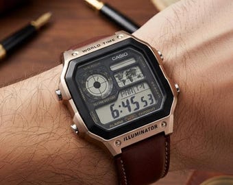 World Time Digital Watch | Rose Gold Tone Men's Watch | Brown Leather Strap
