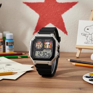 May include: Black and silver digital watch with a black rubber strap. The watch face features Snoopy and Woodstock graphics, along with the time 12:30:46. The watch also has a countdown timer function.
