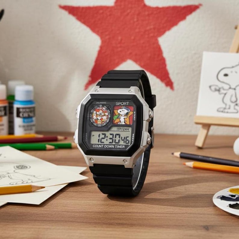 May include: Black and silver digital watch with a black rubber strap. The watch face features Snoopy and Woodstock graphics, along with the time 12:30:46. The watch also has a countdown timer function.