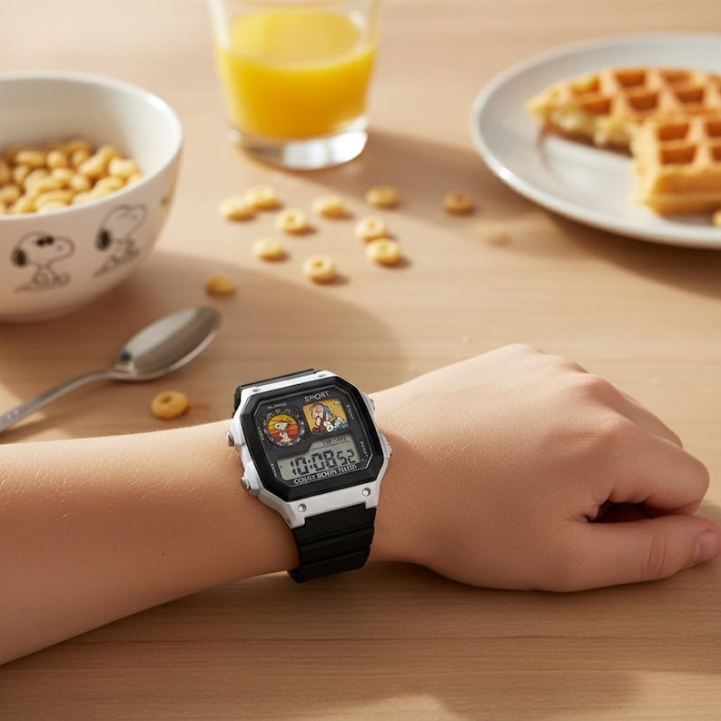 May include: A black and white digital watch with a black band is worn on a wrist. The watch face features Snoopy and Woodstock graphics. The time displayed is 10:08:52. The watch is part of a breakfast scene with cereal, juice, and a waffle.