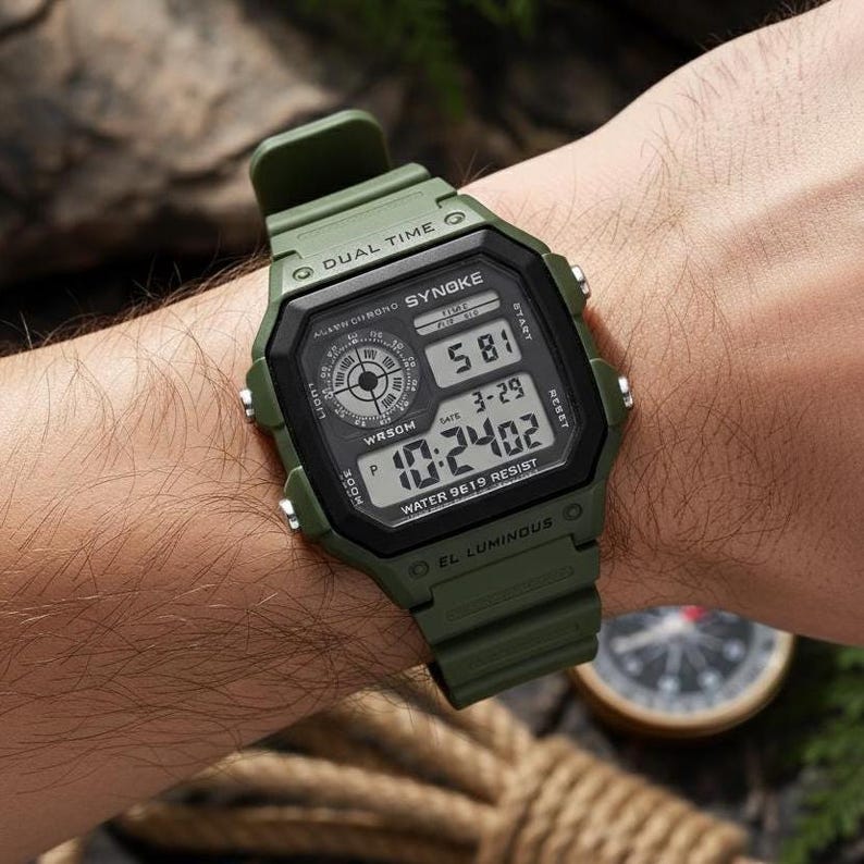 May include: An olive green digital watch with a black face is displayed. The watch face shows the time, date, and other functions. The watch is labeled "SYNOKE" and "WATER 9619 RESIST". The watch is on a wrist.