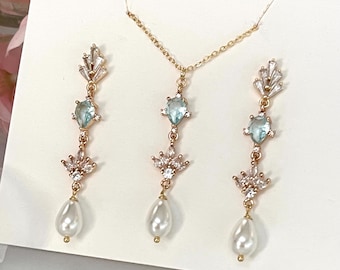 Art Deco Bridal Jewelry Set • Aquamarine Blue and Shell Pearl • Regency Wedding Earrings and Necklace in Champagne Gold