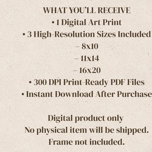 Puede incluir: Texto sobre un fondo beige que detalla el contenido de una compra de impresi&oacute;n de arte digital. Incluye una impresi&oacute;n de arte digital, tres tama&ntilde;os de alta resoluci&oacute;n (20x25, 28x35, 40x50 cm), archivos PDF listos para imprimir a 300 DPI y descarga instant&aacute;nea.