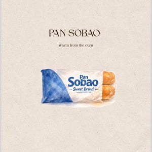 Puede incluir: Ilustraci&oacute;n de un paquete de pan dulce Pan Sobao. El paquete es transparente con un dise&ntilde;o de acuarela azul en el lado izquierdo. El texto "Pan Sobao - Sweet Bread" es visible en el paquete. Las palabras "Warm from the oven" est&aacute;n arriba.