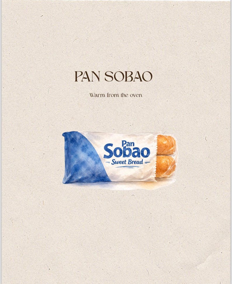 Puede incluir: Ilustraci&oacute;n de un paquete de pan dulce Pan Sobao. El paquete es transparente con un dise&ntilde;o de acuarela azul en el lado izquierdo. El texto "Pan Sobao - Sweet Bread" es visible en el paquete. Las palabras "Warm from the oven" est&aacute;n arriba.