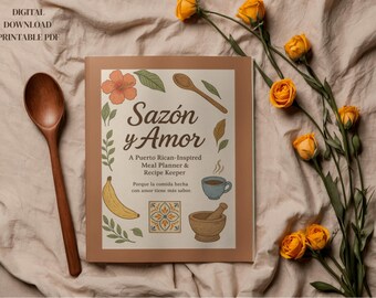 Planificador de comidas de inspiración puertorriqueña / Recetario bilingüe en PDF / Planificador de menú semanal / Sazón y Amor