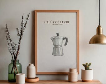 Arte puertorriqueño de café con leche / Impresión vintage de acuarela de café para cocina (descarga digital)