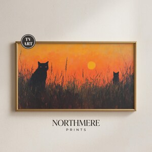 Moody Autumn Black Cats Frame TV Art, Silhouette Rustic Cottagecore Print, Farmhouse Sunset Wheat Field Painting, Digital Download 39