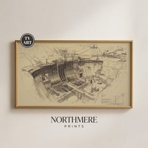 Puede incluir: Impresión enmarcada de un dibujo arquitectónico detallado de una presa, en tonos beige y marrón. La obra de arte está enmarcada en un marco dorado y presenta el texto "TV ART" y "NORTHMERE PRINTS".