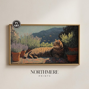 May include: A framed print featuring a tabby cat lounging on a rug, surrounded by potted plants and a mountain backdrop. The artwork has a vintage aesthetic with the text "NORTHMERE PRINTS" at the bottom.