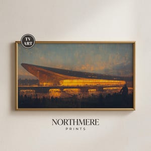 Op de afbeelding: Een ingelijste print van een modern architectonisch bouwwerk, badend in warm licht, met een brug en silhouetten. Het kunstwerk is gelabeld met "TV ART" en bevat de tekst "NORTHMERE PRINTS" aan de onderkant.
