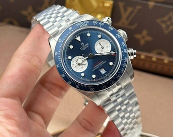 Vintage Style Tudor Black Bay Chronograph Watch, 11mm Blue Dial, Metal Strap, 41mm