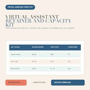 Virtual Assistant Retainer & Capacity Kit | Excel Client Pricing and Utilization Planner
