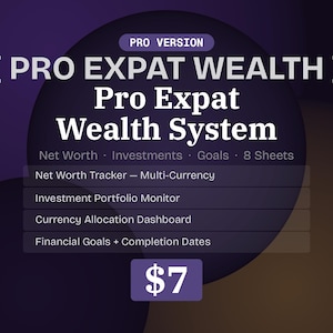 May include: A digital product advertisement for the "Pro Expat Wealth System." The graphic features a dark purple background with white text, including "Pro Expat Wealth System." Key features listed are Net Worth Tracker, Investment Portfolio Monitor, and Currency Allocation Dashboard.