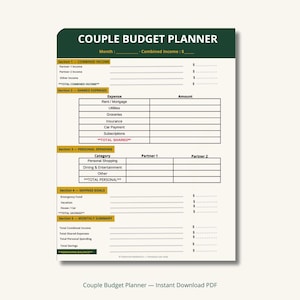 Könnte beinhalten: Ein druckbarer Budgetplaner für Paare mit einer dunkelgrünen Kopfzeile mit der Aufschrift "COUPLE BUDGET PLANNER". Der Planer enthält Abschnitte für das gemeinsame Einkommen, gemeinsame Ausgaben, persönliche Ausgaben, Sparziele und eine monatliche Zusammenfassung. Der Text "Couple Budget Planner - Instant Download PDF" steht unten.