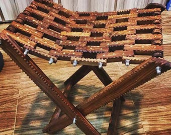 Handmade Wooden Folding Stool Rustic Carved Wood Stool, Portable Foot Rest, Boho Accent Seat, Farmhouse Decor, Compact Wooden Bench