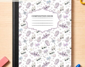 Couverture de livre en composition gothique pastel PNG | Chauves-souris effrayantes, crânes, bouteilles de potion (téléchargement numérique)