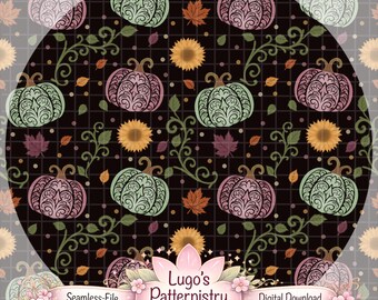 Motif sans couture Jardin de citrouilles de minuit | Pastel gothique automne PNG (Téléchargement numérique)