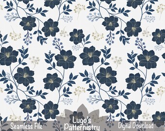 Motif floral transparent bleu marine | Papier numérique botanique Moody (téléchargement numérique)