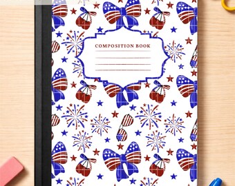 Couverture du livre Composition patriotique | Couverture de carnet du 4 juillet imprimable | Papier pour cahier d'écolier avec noeud américain | Couverture du livre de composition numérique