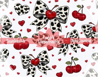 Kuh Druck Schleifen Kirschen Musterdesign, Coquette Western Digitales Papier (Digitaler Download)