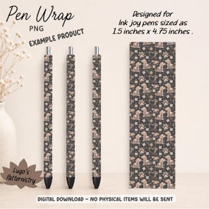 Könnte beinhalten: Stift-Wrap-Design für Ink Joy-Stifte. Das Design zeigt ein sich wiederholendes Muster aus Hunden, Herzen und Pfotenabdrücken auf dunklem Hintergrund. Der Text "Pen Wrap PNG EXAMPLE PRODUCT" ist sichtbar.